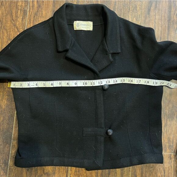 VINTAGE Kimberly 50s 60s Black 100% Pure Wool 3/4 Sleeves Boxy Cardigan M - Picture 7 of 10
